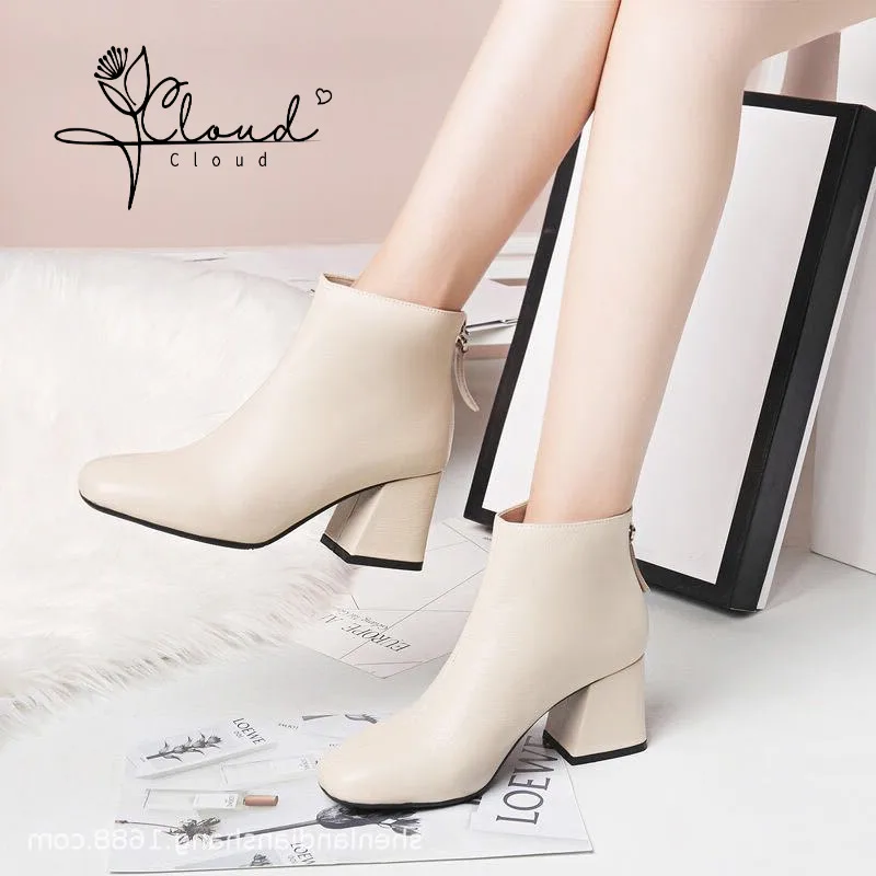 

High Heels Ankle Women Winter Boots Thick with 2024 New Autumn Square Head British Women's High-low Heel 3.5cm 5.5cm 7cm