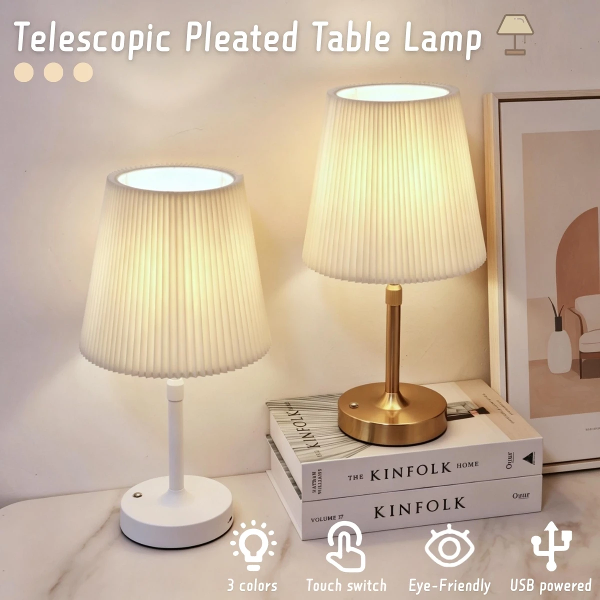 Telescopic Pleated Table Lamp, Touch Control 3‑Color Dimmable, USB Rechargeable, Decor for Bedroom, Living Room & Desktop