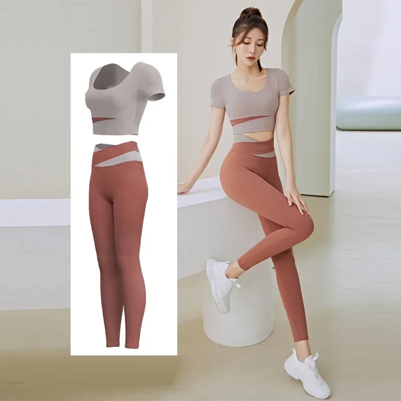 Women 2 Pcs Gym Sets Sports Crop Tops Pants Running Fitness Yoga Suits Gym Sportswear Lady Workout Clothes High Waist Leggings