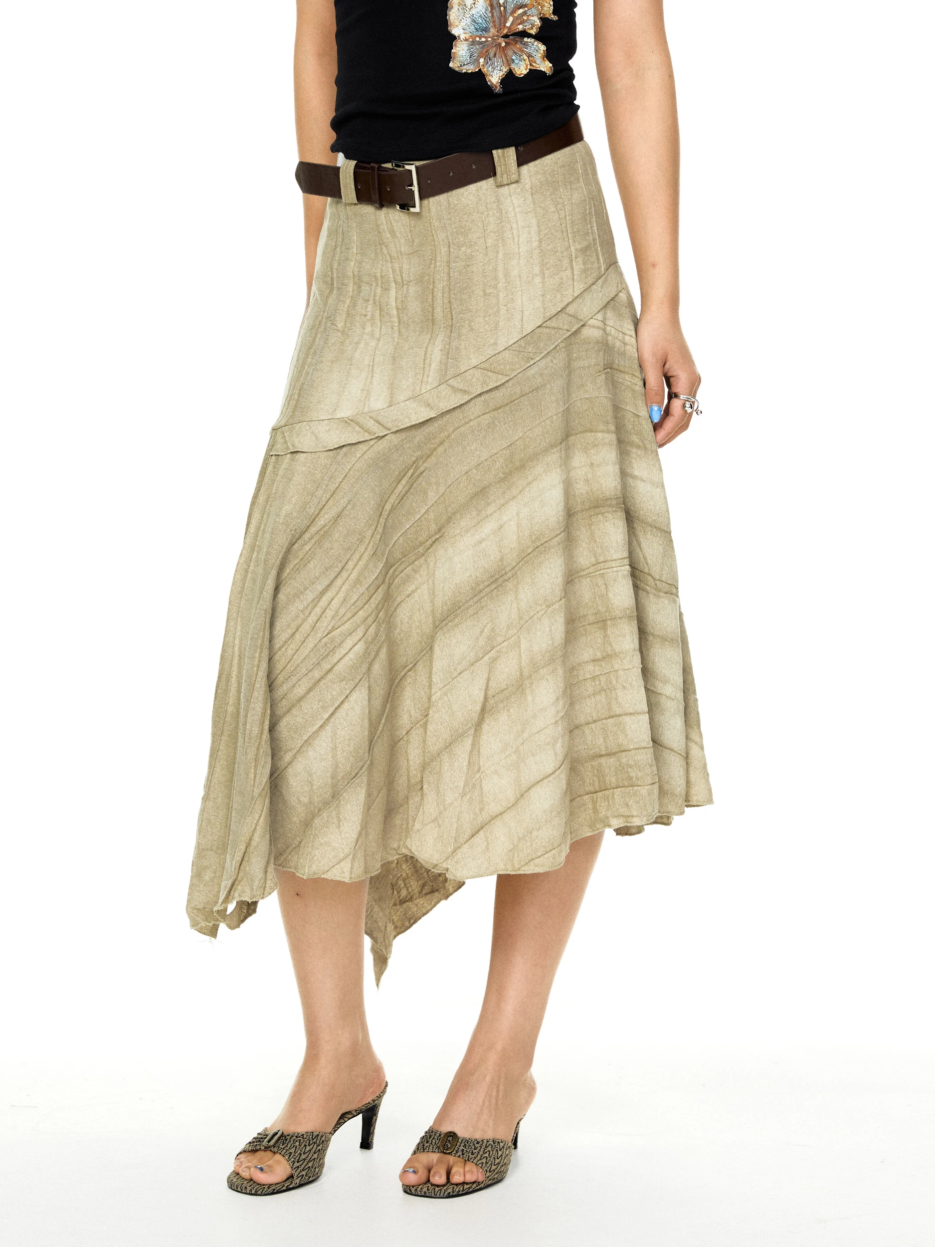 Blackbb Retro Anti-Light Irregular Half Skirt Women's Summer New High Waist Loose Meat Concealing Long Skirt Casual Outdoor D...