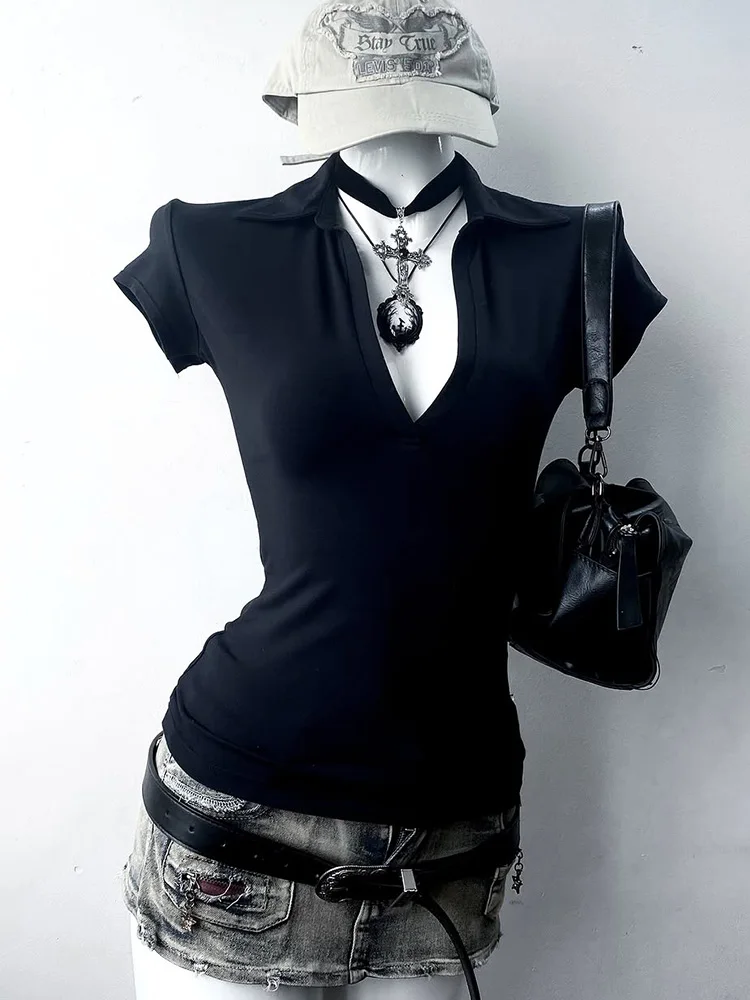 

Original Beautiful Y2K Bla V-ne Slim Fit Design Sense T-irt Micro Wind Summer Casual Sle ort Sve Cotton Blend