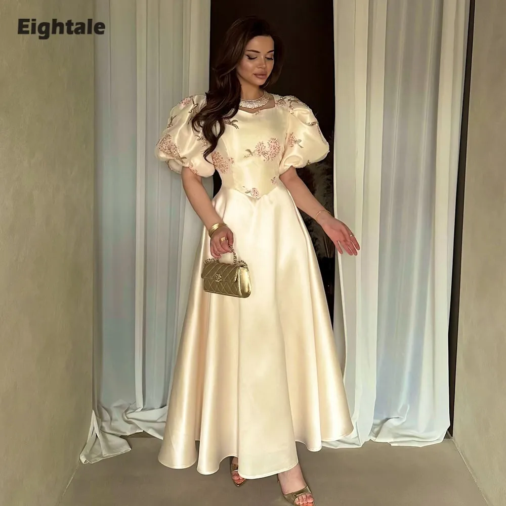 

Eightale Arabic Evening Dress O-Neck Customized Short Sleeves Satin Flowers Satin Tea Length A-Line Prom Wedding Party Gowns