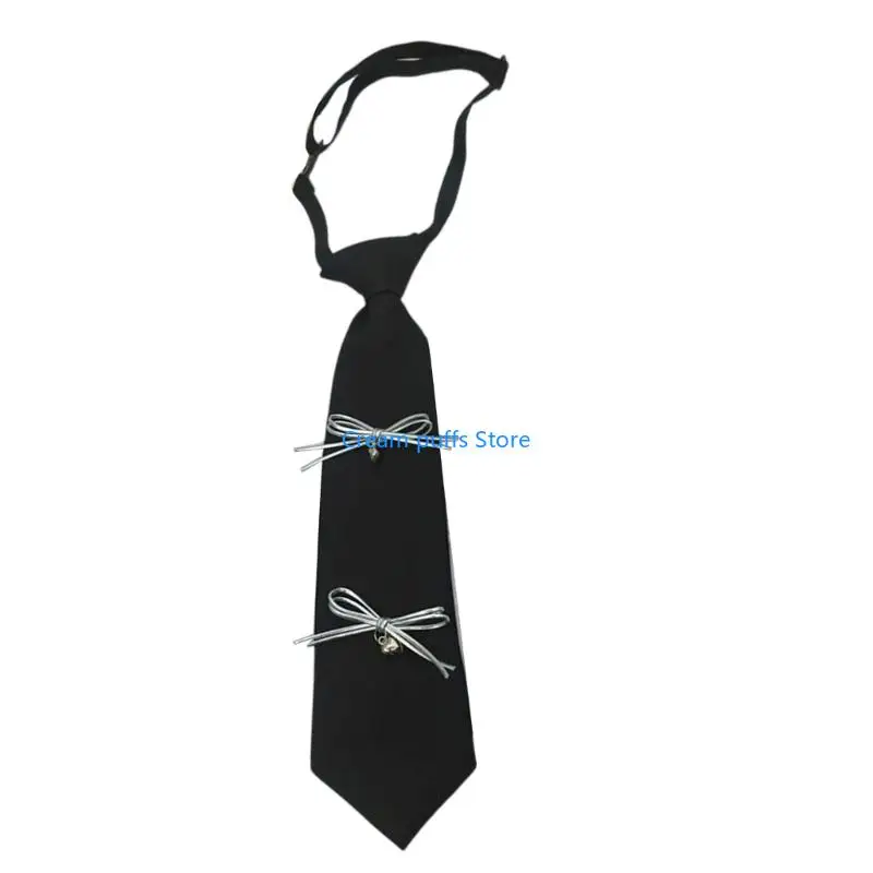 50LE Women's Bowknot Embellished Black Long Tie for School Event and Casual Students Uniform Adjustable Pre Tied Necktie