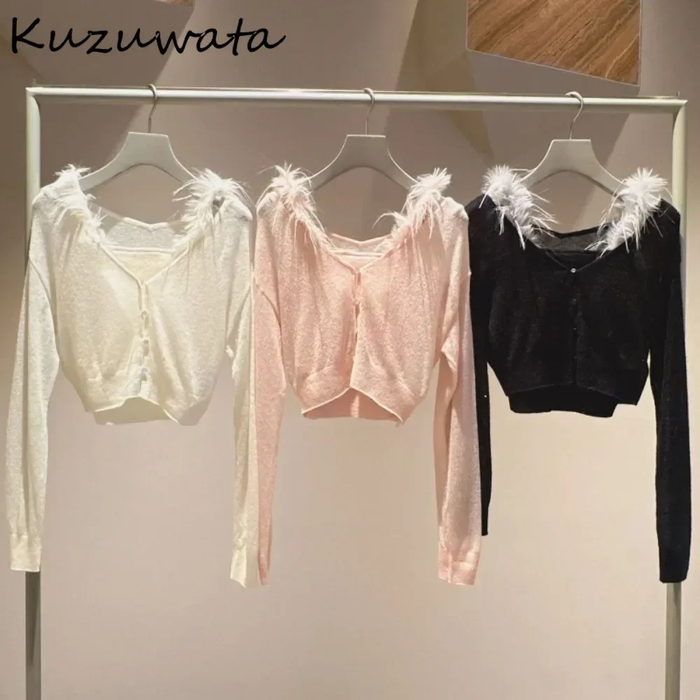 Kuzuwata New Solid Slim All-match Sets Sling Fluffy V Neck Long Sleeve Single Breasted Cardigan Japan Gentle Minority Suits Tops