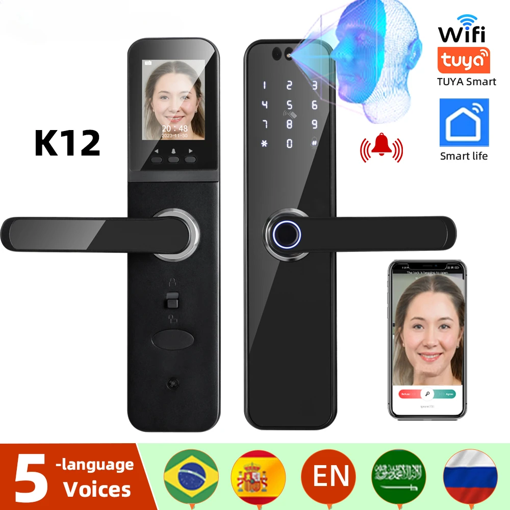 K12 Tuya WiFi Camera Electronic Lock 3D Face Recognition Fingerprint Smart Door Lock With Screen Rechargeable Battery