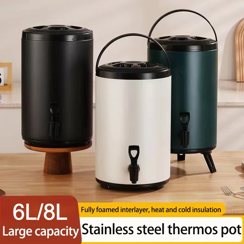 

6L/8L Stainless Steel Insulated Bucket Long-Lasting Hot/Cold Retention, Leakproof for Milk Tea Shop Large-Capacity Drink Storage