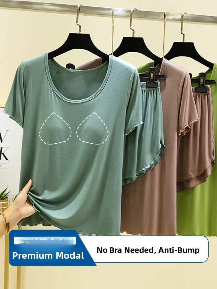 July Deer Modal Sleepwear Set with Chest Pad Summer Thin Short Sleeve Nightgown Pants Large Size No Bra Required T-Shirt Shorts