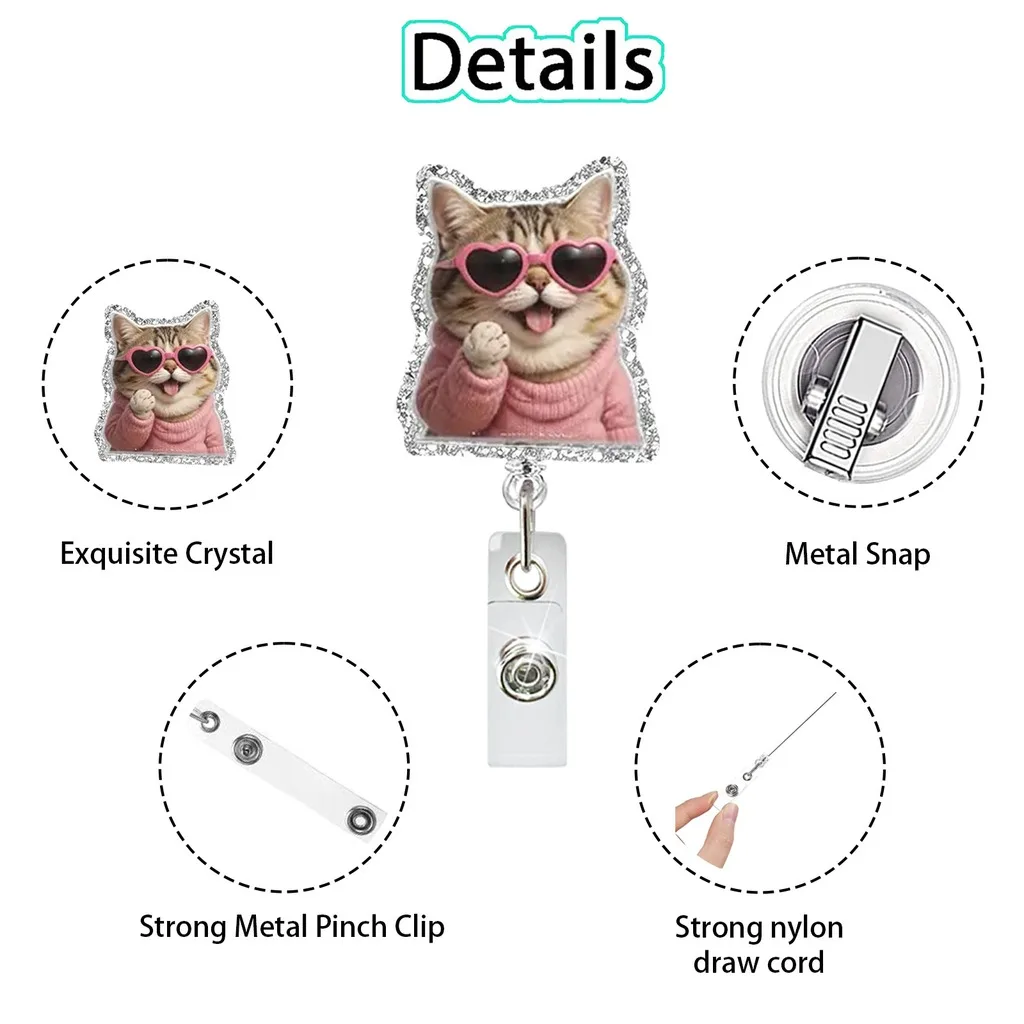 Retractable Funny Cat Pattern Badge Reel  Acrylic Durable Id Badge Holder With Strong Clip For Nurses Office Workers Gifts