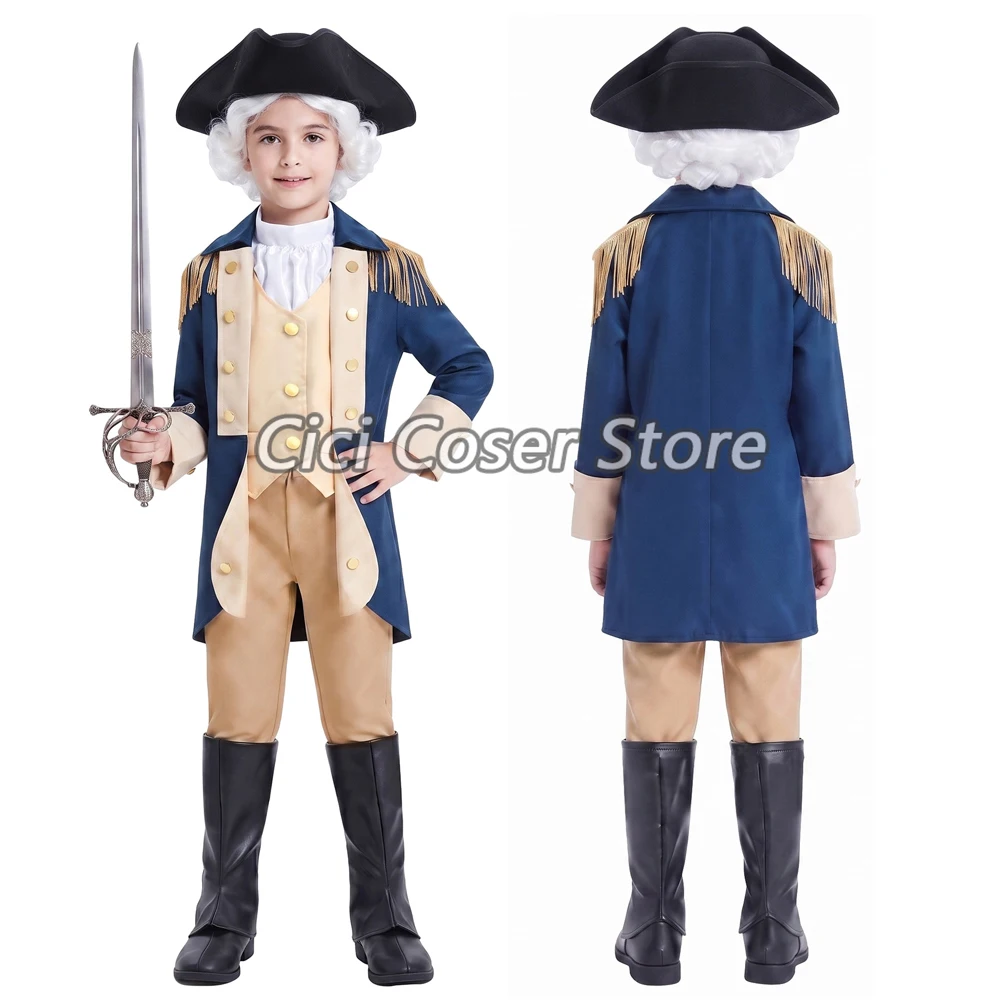 Disfraz de George Washington para niños, estilo colonial, con uniforme de oficial militar histórico y sombrero, ideal para fiestas de Halloween, representaciones teatrales y disfraces.