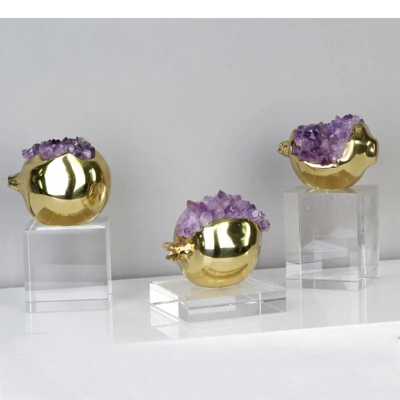 Purple Crystal Pomegranate Ornaments Desk Decoration Modern Decor Golden Brass Sculpture Living Room Furnishings