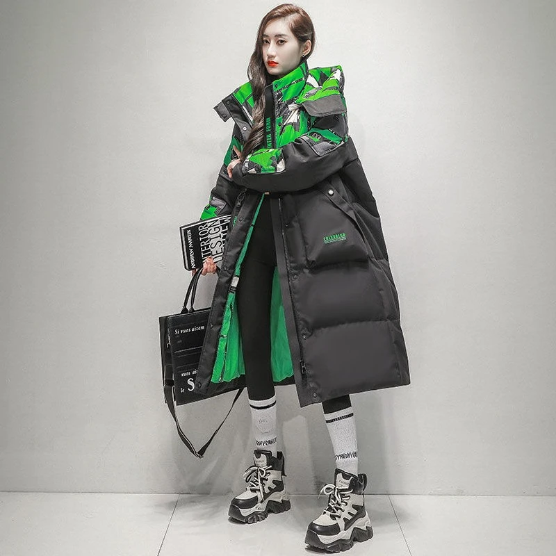 High-end na moda cor contrastante para baixo jaqueta feminina médio e longo sobre o joelho novo coreano pato branco para baixo jaqueta engrossado