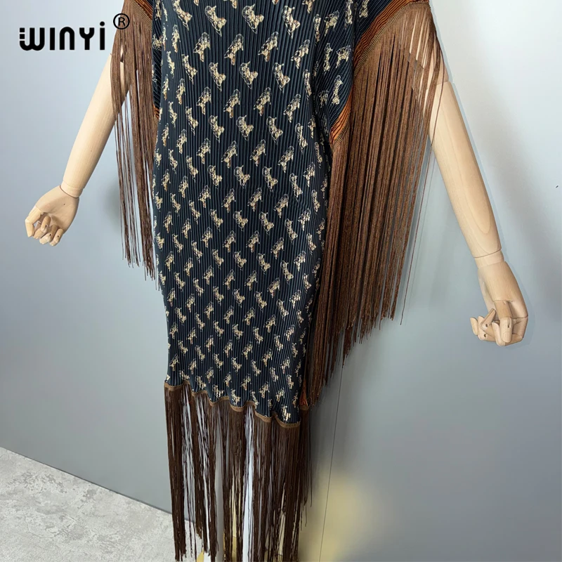 WINYI plissé élastique mince robe à franges femmes froissé Design ample boho robe vacances mode robe de soirée abaya dubaï luxe