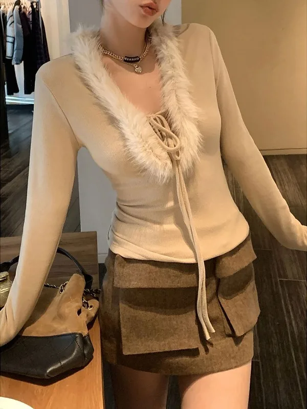 

Женская утепленная футболка больших размеров с V-образным вырезом и длинным рукавом, осенне-зимняя, корейский стиль, с поясом, для коррекции фигуры