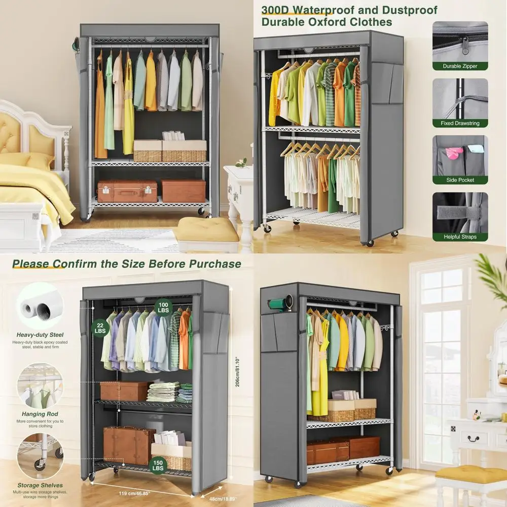 

Сверхмощная вешалка для одежды на колесиках с крышкой, портативное хранилище для одежды, отдельно стоящий шкаф на колесиках (белый + серый чехол)