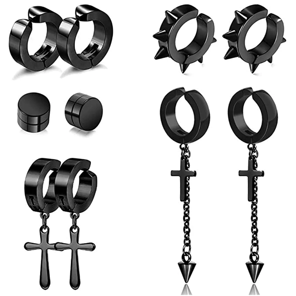 5 Pairs/1 Pair Stainless Steel Non-Piercing Spike Rivet Cross Tassel Clip On Hoop Set Fake Ear Clip Magnetic Stud Earrings Black