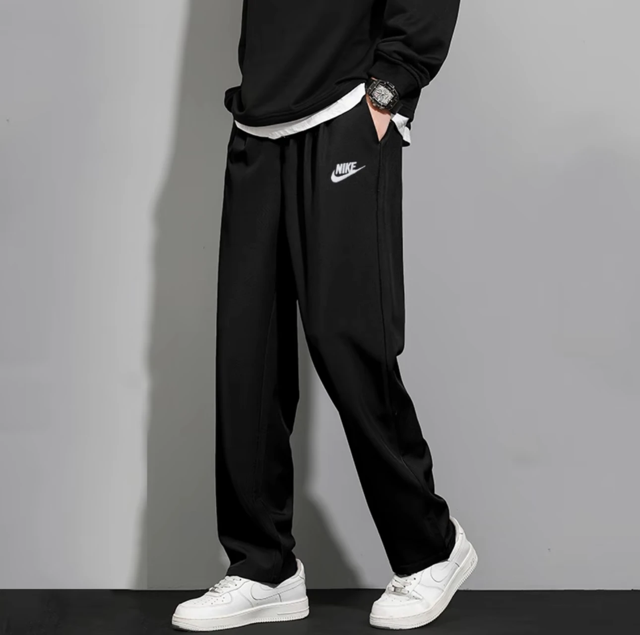 

Nike Sportswear Solid Color Lace Up Open Casual Knitted Sports Pants Men's Black FQ4333-010