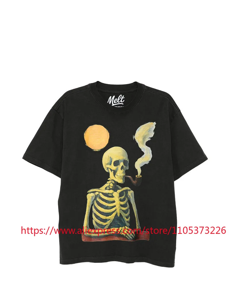 2026 Hot New Melt Black Graphic T-Shirt Skeleton Pipe Print Casual Cotton Short Sleeve Top for Men and Women