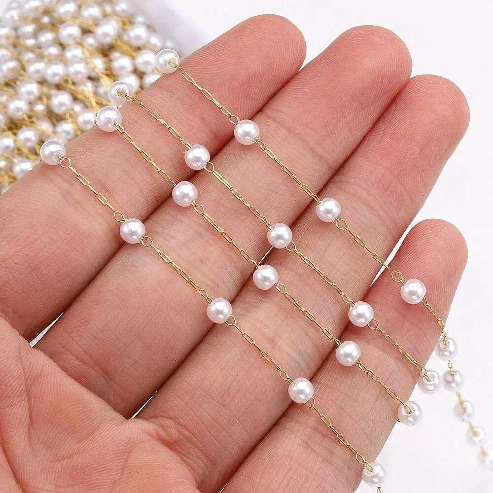 1M Stainless Steel Link Chain Imitation Pearl Ball Beads Chains Accessory DIY Beaded Necklace Bracelet Jewelry Making Findings