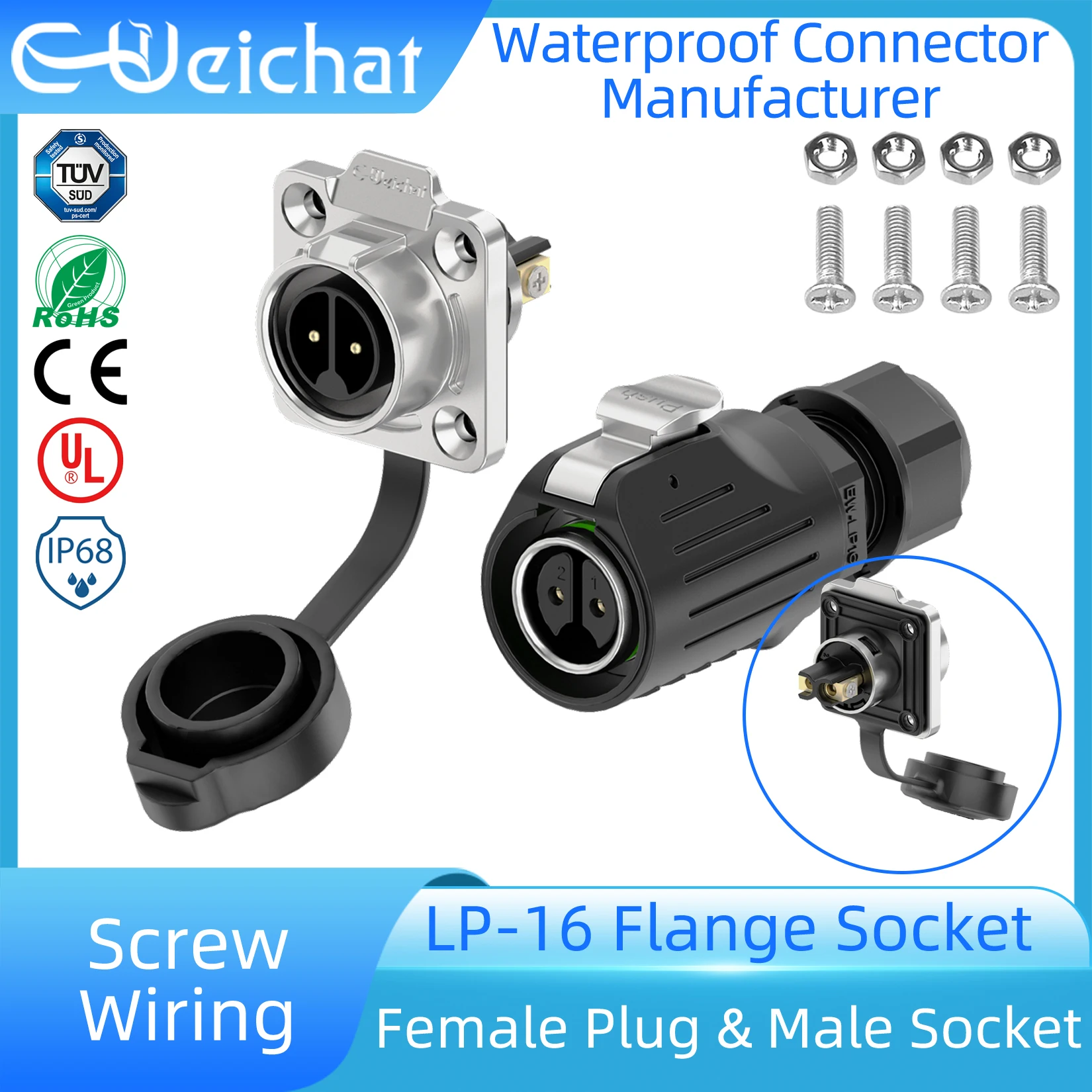 

EW-LP16 Waterproof Electrical Connector 2 3 4 5Pin Screw Wiring Solderless Copper Gold-plated Plug Socket Metal Plastic M16 IP68