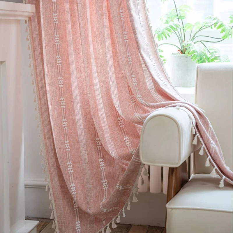 American Style Pink Striped Embroidered Tassel Finished Curtains Semi Shading Hollowed Out Kitchen Living Room Window Curtain