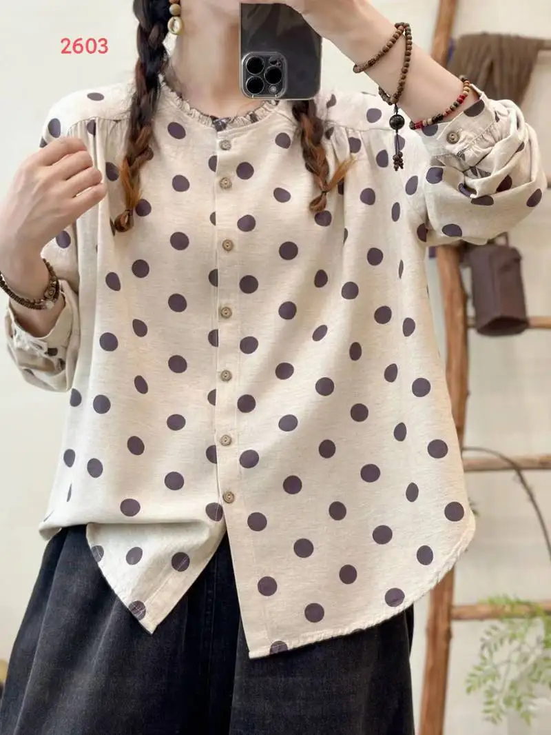 

Готовый запас] Высококачественная женская блузка из 100% хлопка, рубашка с большим принтом в горошек, свободная женская рубашка цвета хаки с длинным рукавом, блузки, топ