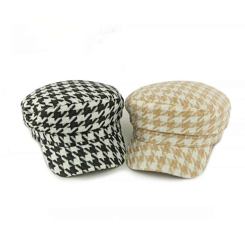 Houndstooth Check Newsboy Cap Vintage Plaid Flat Cap Short Brim Baker Boy Hat Fashion Casual Streetwear Outdoor Travel Beret Hat