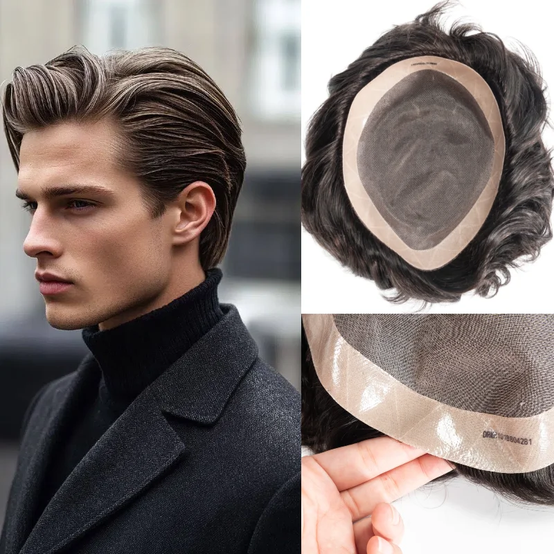 

Human Remy Hair Men Toupee Fine Mono 8x10 6inch PU+NPU Base Man Hair Wig Wholesale Color 1B #4