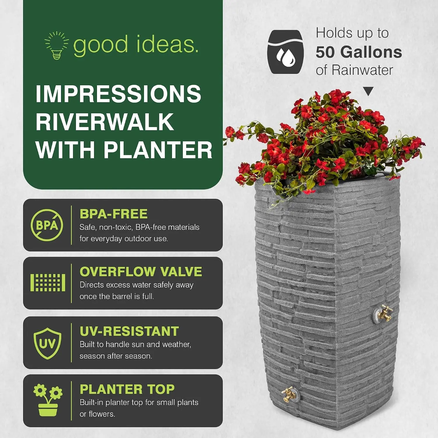Impressions Riverwalk Rain Water Collection Barrel, 50 Gallon
