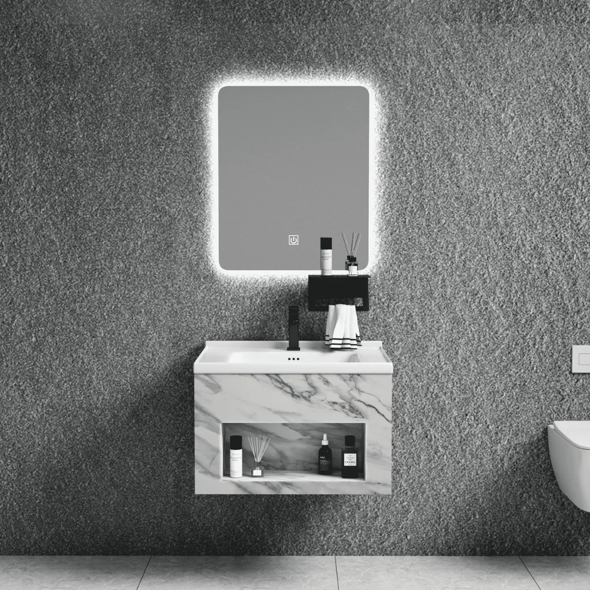 خزانة حوض بلاطة صخرية معدنية جديدة لعام 2025، مرآة ذكية للحمام، مقاومة للماء، حوض غسيل متكامل من السيراميك #2