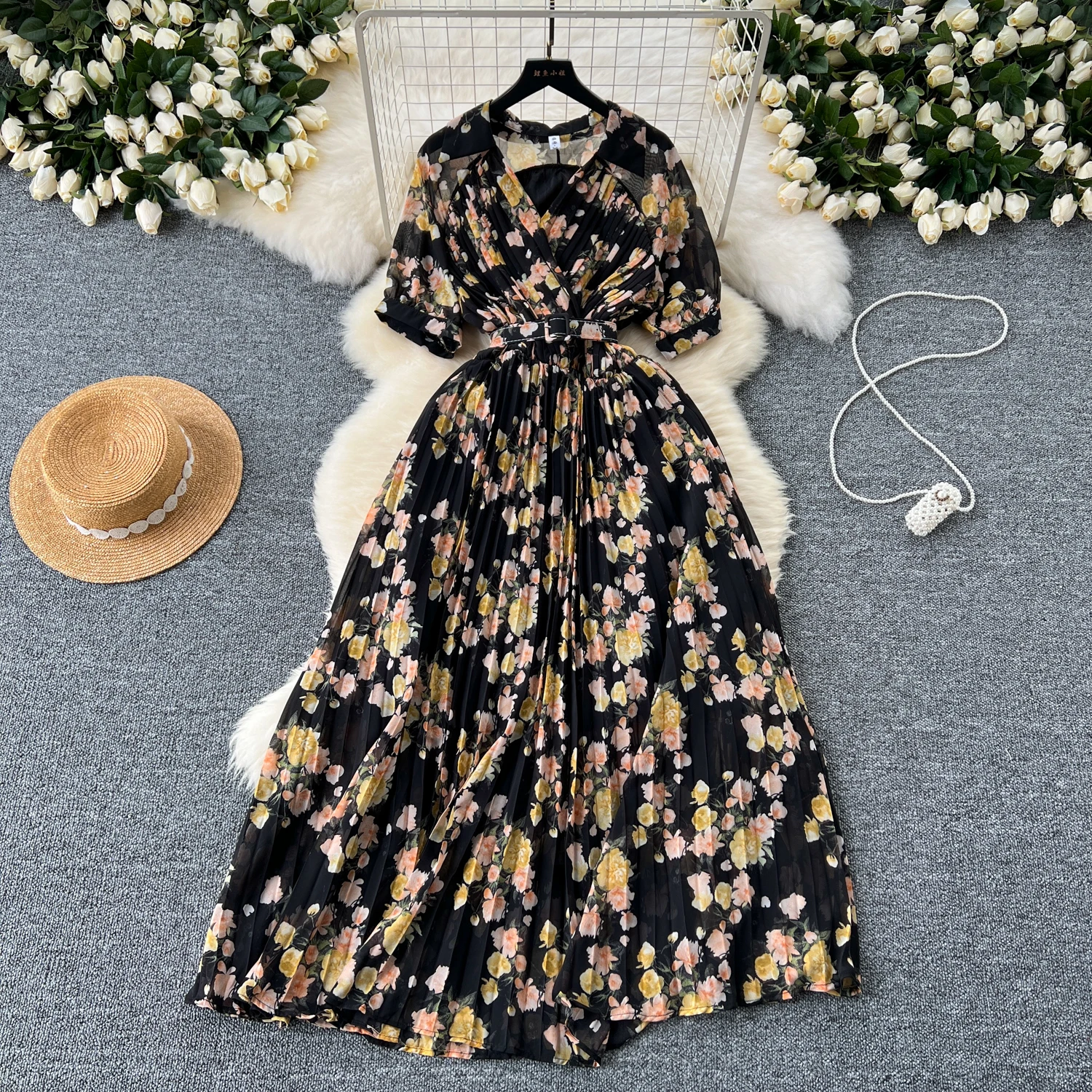 Women Lace Dresses Women Vintage Elegant V-neck Short Sleeved Dresse High Waist Chiffon Floral Skirt Draped Pleated Dresses