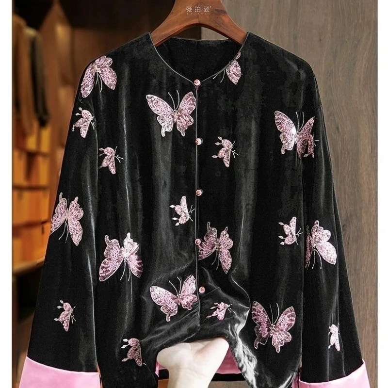 

Весна-осень 2025, новый китайский костюм Тан, женский костюм с вышивкой, блестящая бабочка, лоскутное черное бархатное пальто, женские велюровые пальто