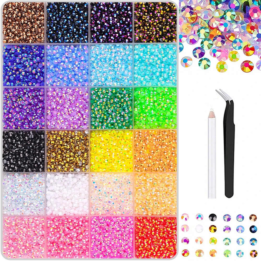 3/4/5mm 24-Color Bedazzling Kit Ab Resin Jelly Flat-Back Rhinestone Set Diamond Decoration Crystal Mixed Color Gems Suitable for DIY Phone Cases, Clothing, Water Bottles, Decorations, Crafts, Fabric Clothing, Shoes and Hats, Holiday Gifts, Art