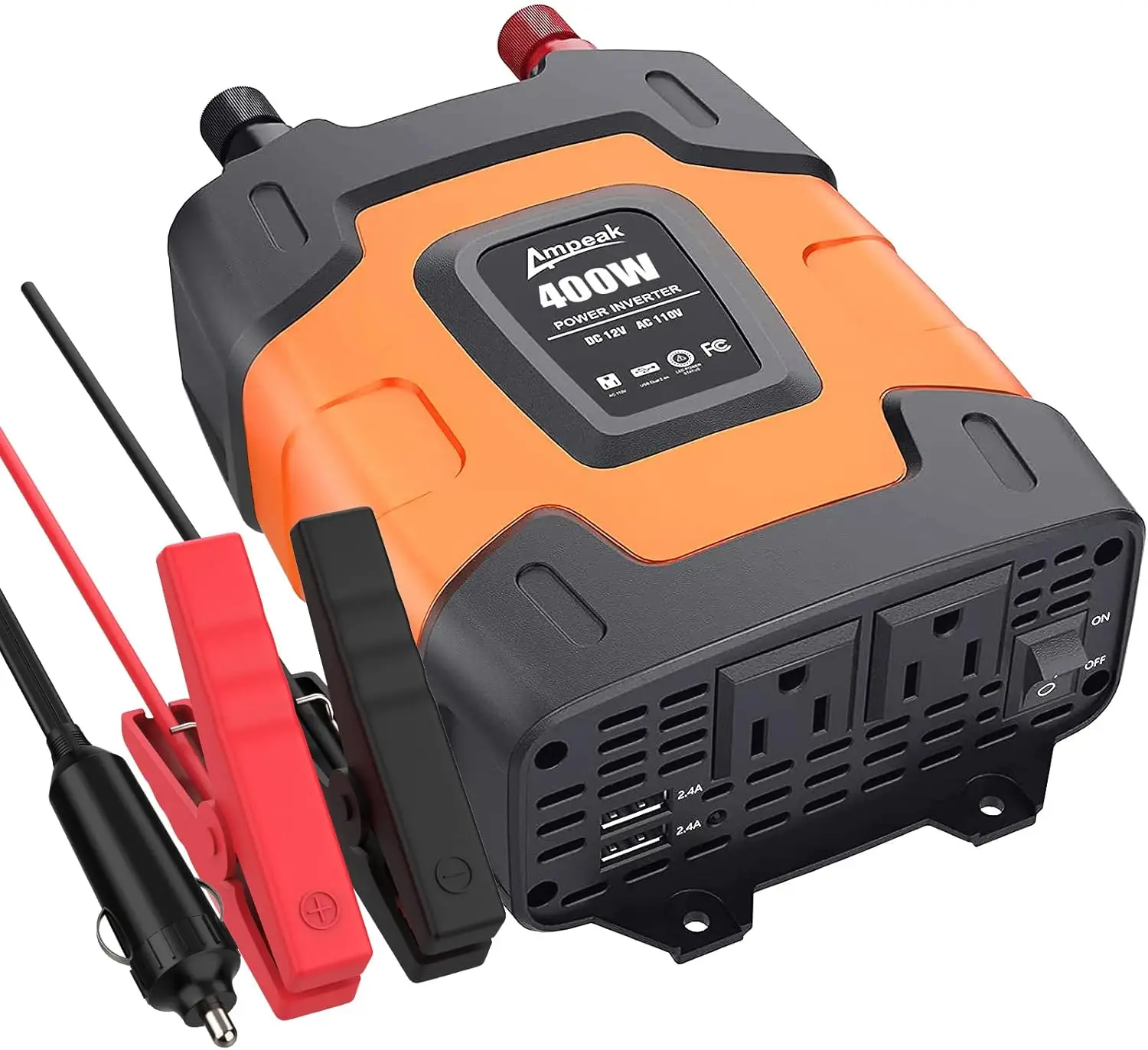 400W Power Inverter 4.8A Dual USB Ports 2 AC Outlets Car Inverter DC 12V to AC 110V 11 Protections for Devices