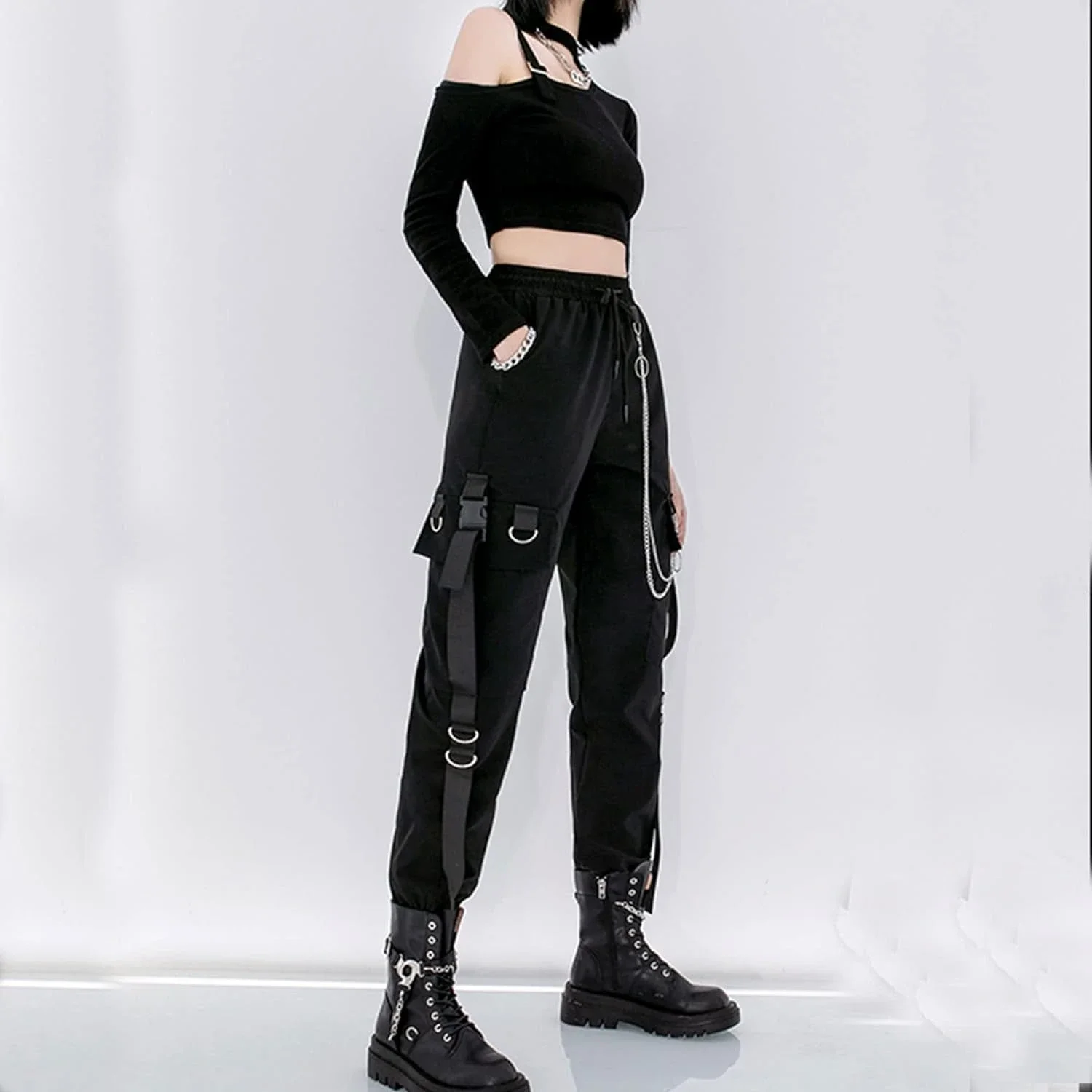 Cargo Pants with Chain for Women Loose Fit Techwear Hip Hop Streetwear Joggers Trousers Female Black Sports Cargo Sweatpants