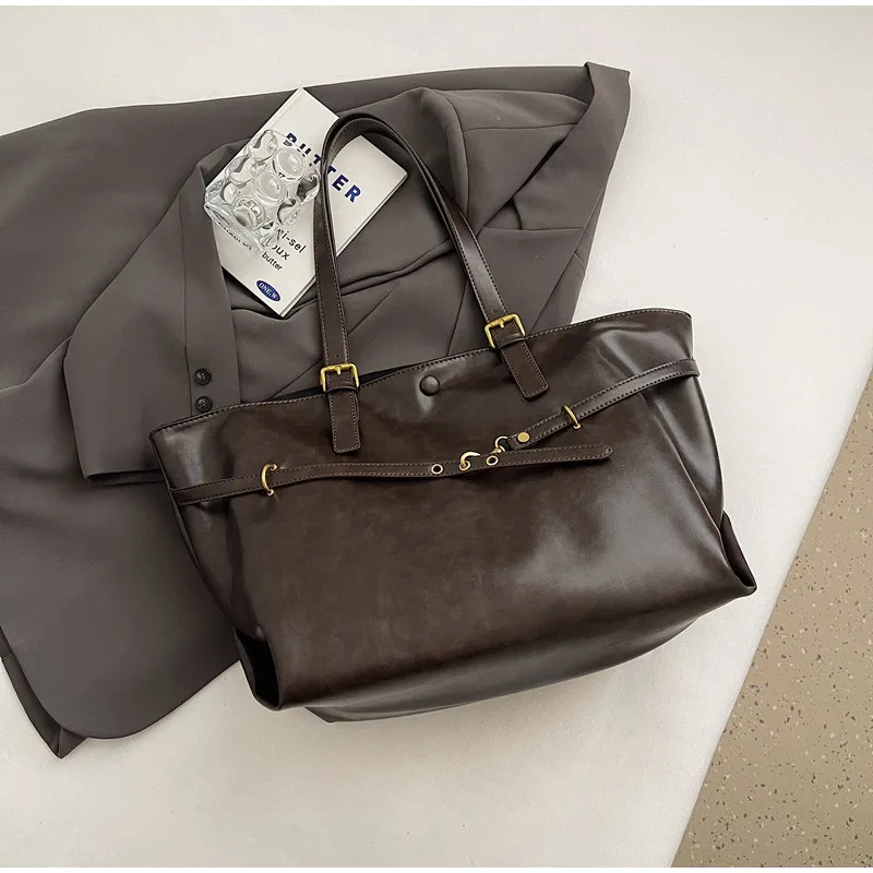 Europa Amerika Mode Einkaufstasche Retro Große Kapazität Umhängetaschen High-End Einfarbig Casual Bag Premium Leder Pendler Taschen – Detail 17