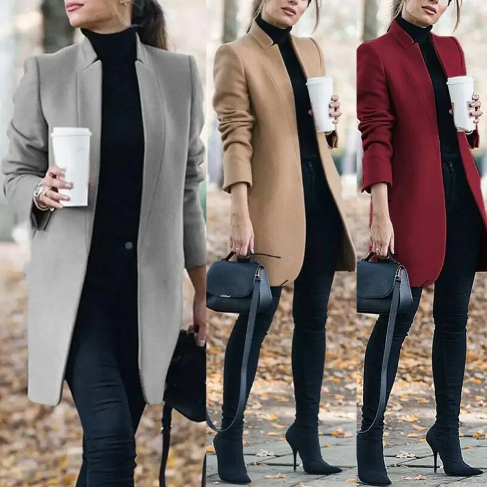 Office Lady Autumn Solid Color Stand Collar Woolen Long Coat  Cardigan