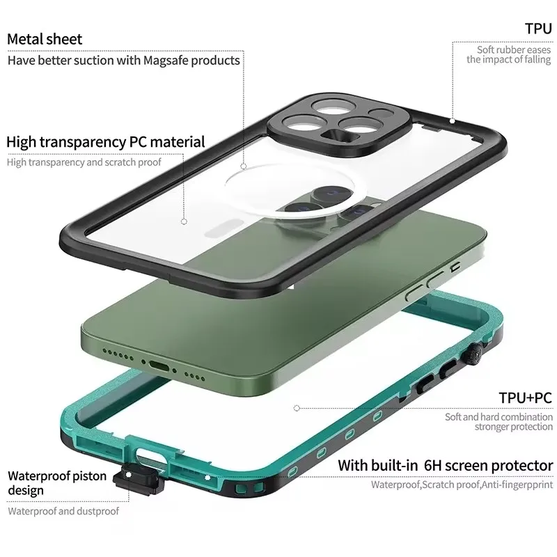 IP68 Waterproof magnetic case for iPhone 15 Plus 14 13 Pro Max Dust-proof transparent back cover Diving swimming underwater case