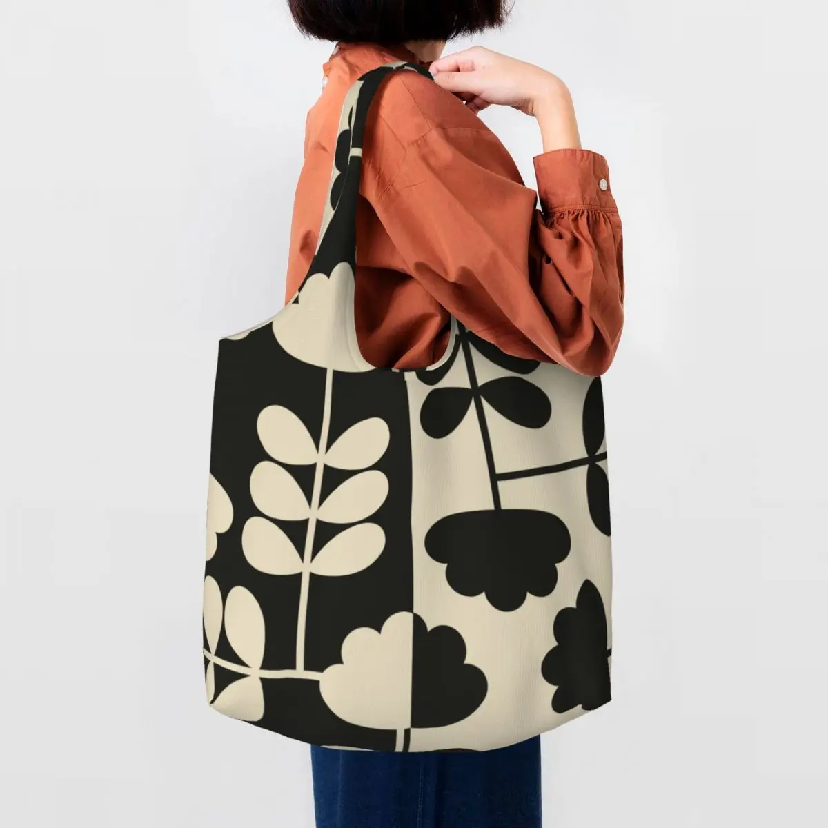 Custom Recycling Print Cut Stem Orla Kiely Shopping Bag Women Shoulder Canvas Tote Bag Washable Groceries Shopper Bags Handbags