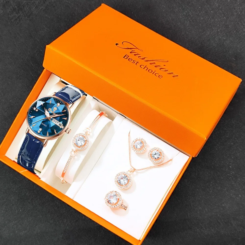 

5 шт./компл. лучший бренд, женские часы, браслет, ожерелье, кольцо, серьга с коробкой, комплект женских кварцевых часов, женские часы, подарочный набор ювелирных изделий