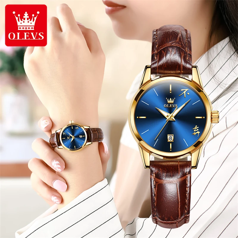 

OLEVS Brand New Fashion Blue Quartz Watch for Men Luxury Leather Strap Waterproof Calendar Womens Watches Relogio Feminino
