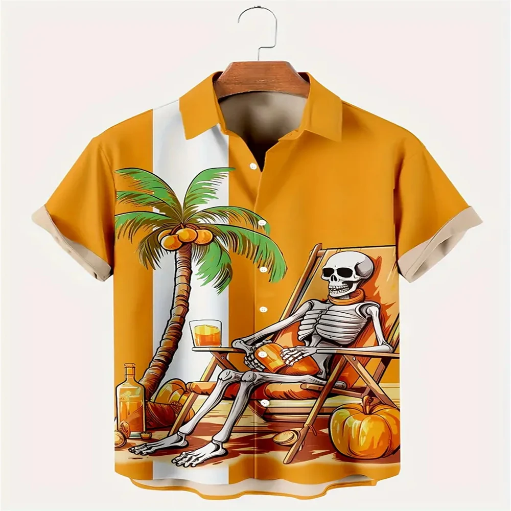 Men's 3D Hawaiian Vacation Skeleton Elements Printed Button-Down Shirt Fashion Trend Casual Comfortable Breathable
