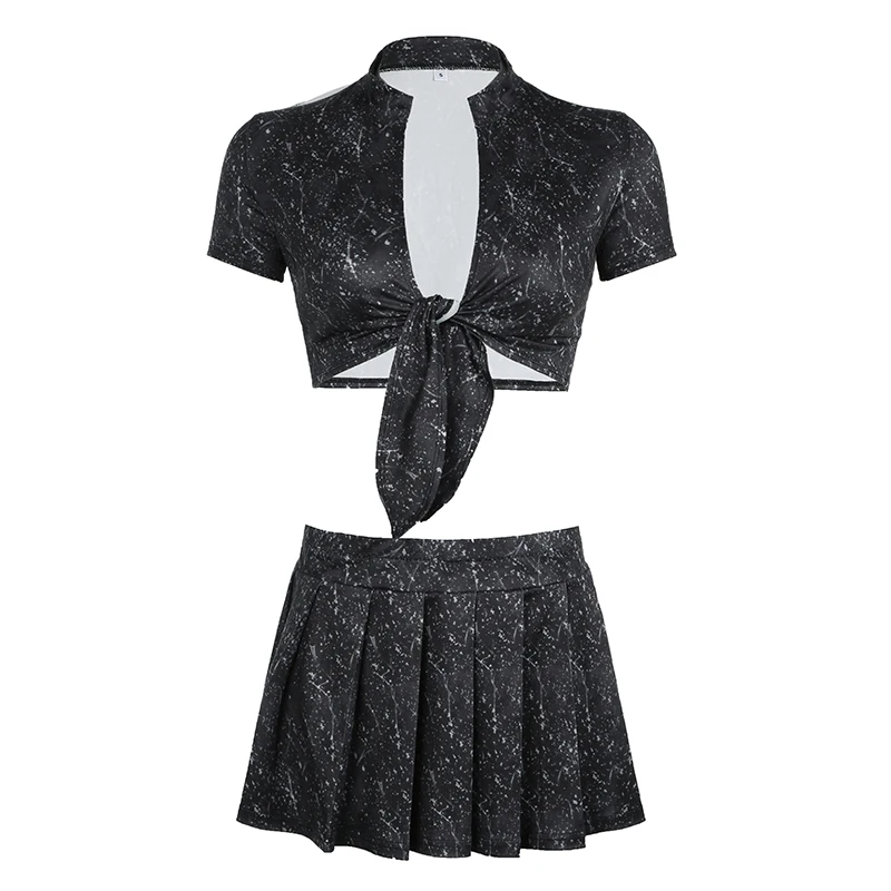 BIIKPIIK Sexy Lace-up Skirts Set Club Fashion Two Piece Suits Short Sleeve Crop Top + Pleated Skirt Casual Spring Summer Outfits