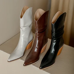 Spring And Autumn, Winter Boots, Genuine Leather Material, Square Heel. Calf Height, Fashion Retro Women's Shoes Pleated