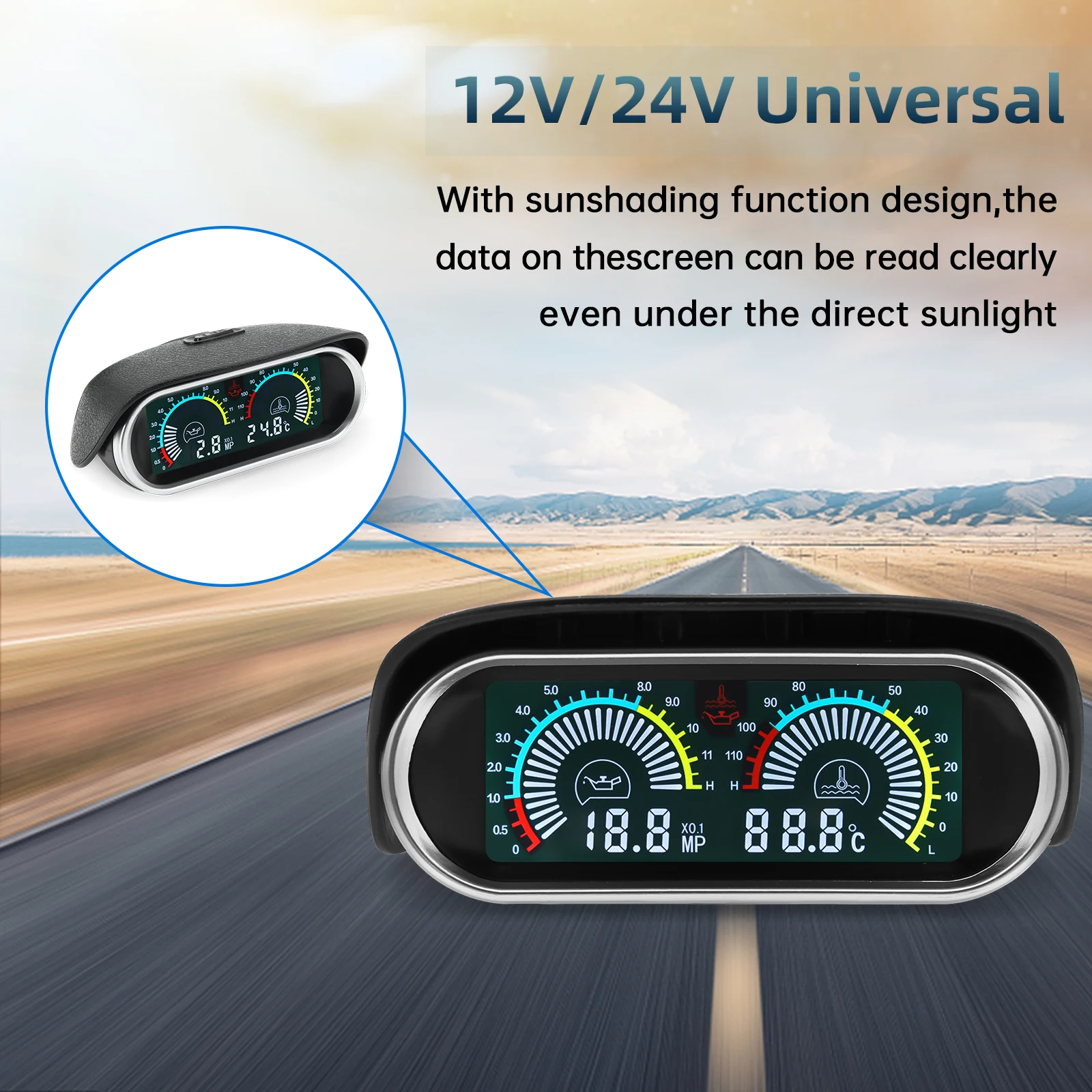Car LCD 2In 1 Oil Pressure Gauge Water Temperature Meter Fuel Pressure Indicator with 1/8NPT Oil Press Sensor Adapter 26~40mm