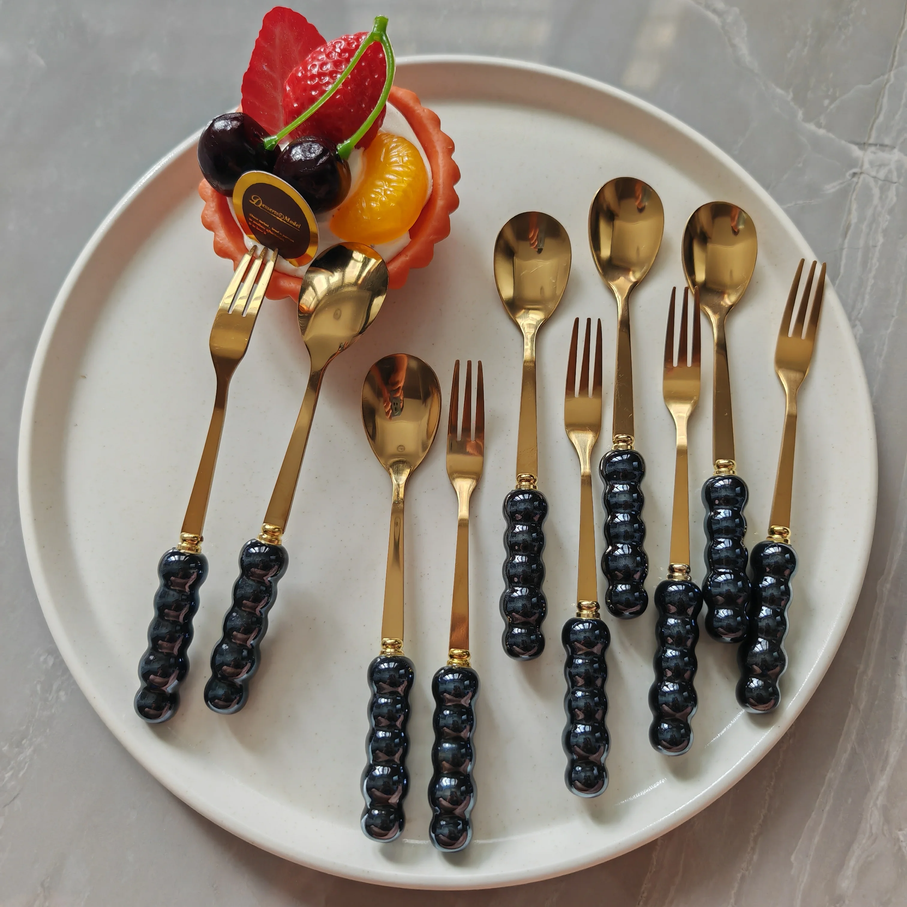 10/5-teiliges kreatives Besteckset mit Perlengriff, Keramiklöffel und -gabel, Mini-Servierbesteck für Dessert und Kaffee, Edelstahl
