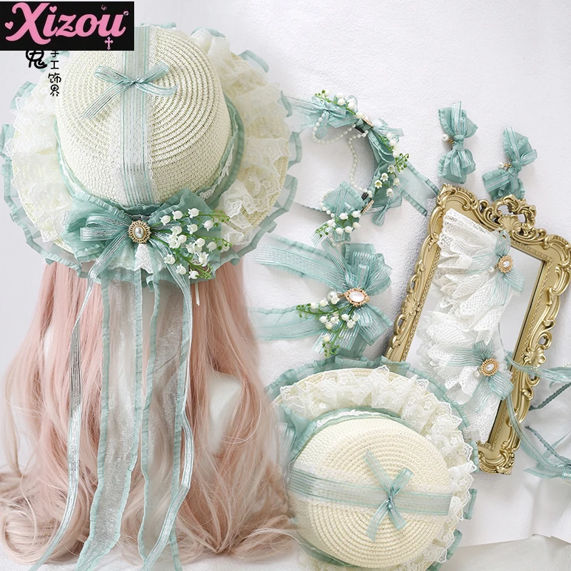 

Original Lo Elegant Cla Lily of The Valley Hair Accessories Kc Bow Headband Edge Clip Pastoral Lolita Lace Straw Hat Brooch