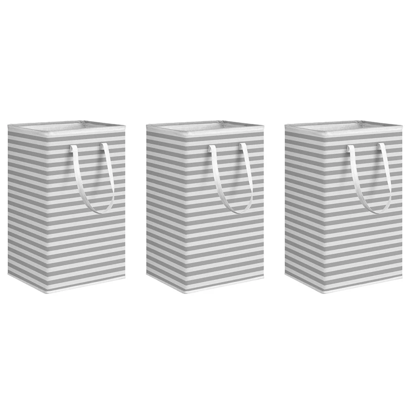 3X 75L Large Laundry Basket Foldable Clothes Storage Basket Stripe Toys Storage Bag With Extended Handle -Gray