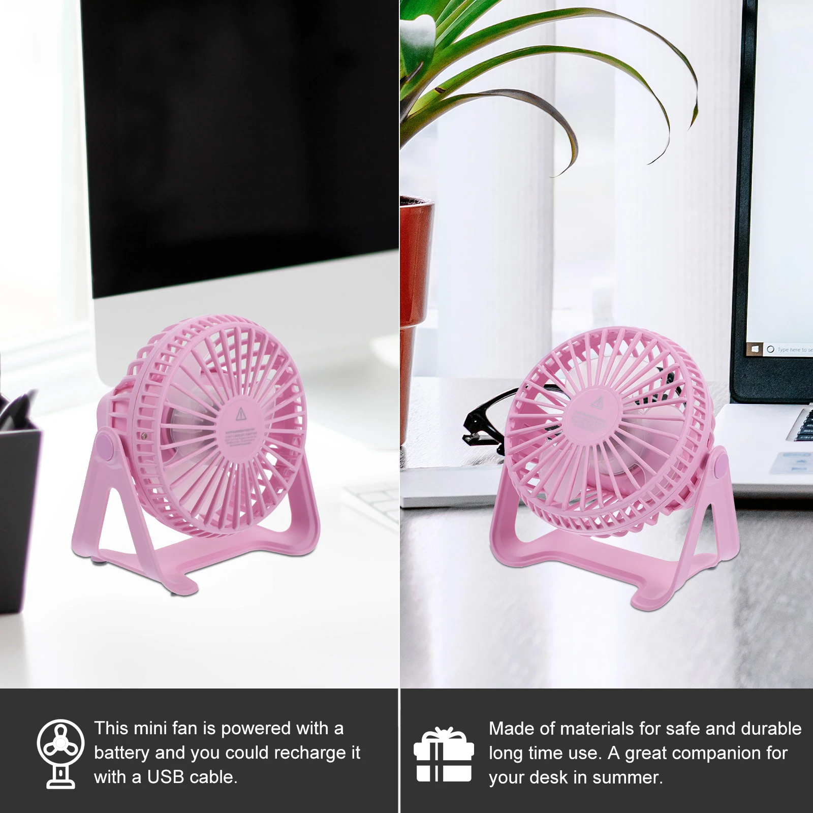 Tragbarer Tischventilator, zarter USB-Ventilator, praktischer Luftventilator, leiser Miniatur-Ventilator für Wohnheim, Zuhause, Büro, Zimmer (Rosa)