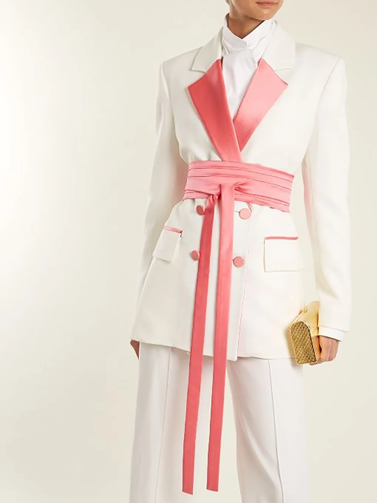 Pink White Color Matching Women Pants Suits Slim Fit Fashion Show Ladies Blazer Jacket Guest Wear With Sashes 3 Pieces