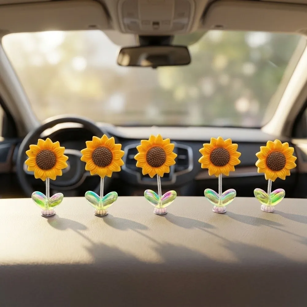 Bobbling Sunflower Ornament for Car Dashboard For Home Window - Yellow Plastic Decor 1.8x6cm Set Includes 5 Pieces